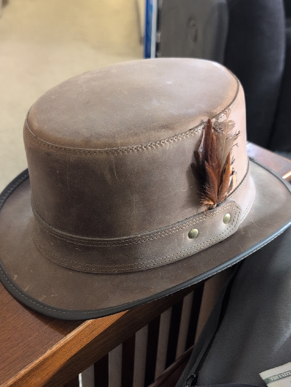 Brown Leather Steampunk Stoker Hat with Feather Trim